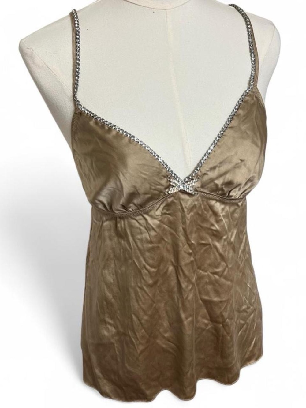 Victoria’s Secret silk gold satin babydoll tank top rhinestones trim vintage y2k